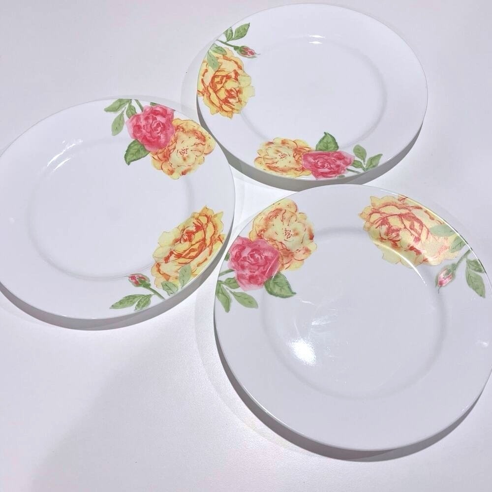 Retired VTG Corelle Emma Jane Plates Set of 3 Pink Yellow‎ Roses Vitrelle 10.75"